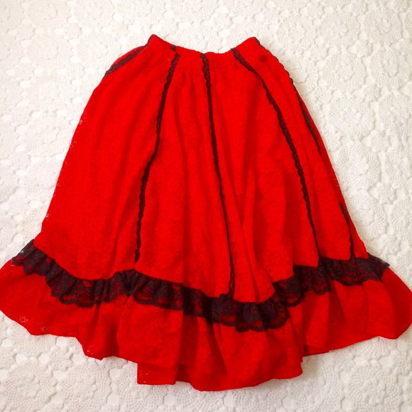 Vintage Dresses & Skirts - Final Vtg 70s Full Skirt Square Dancing Red Lace Western Pin Up Rockabilly Small